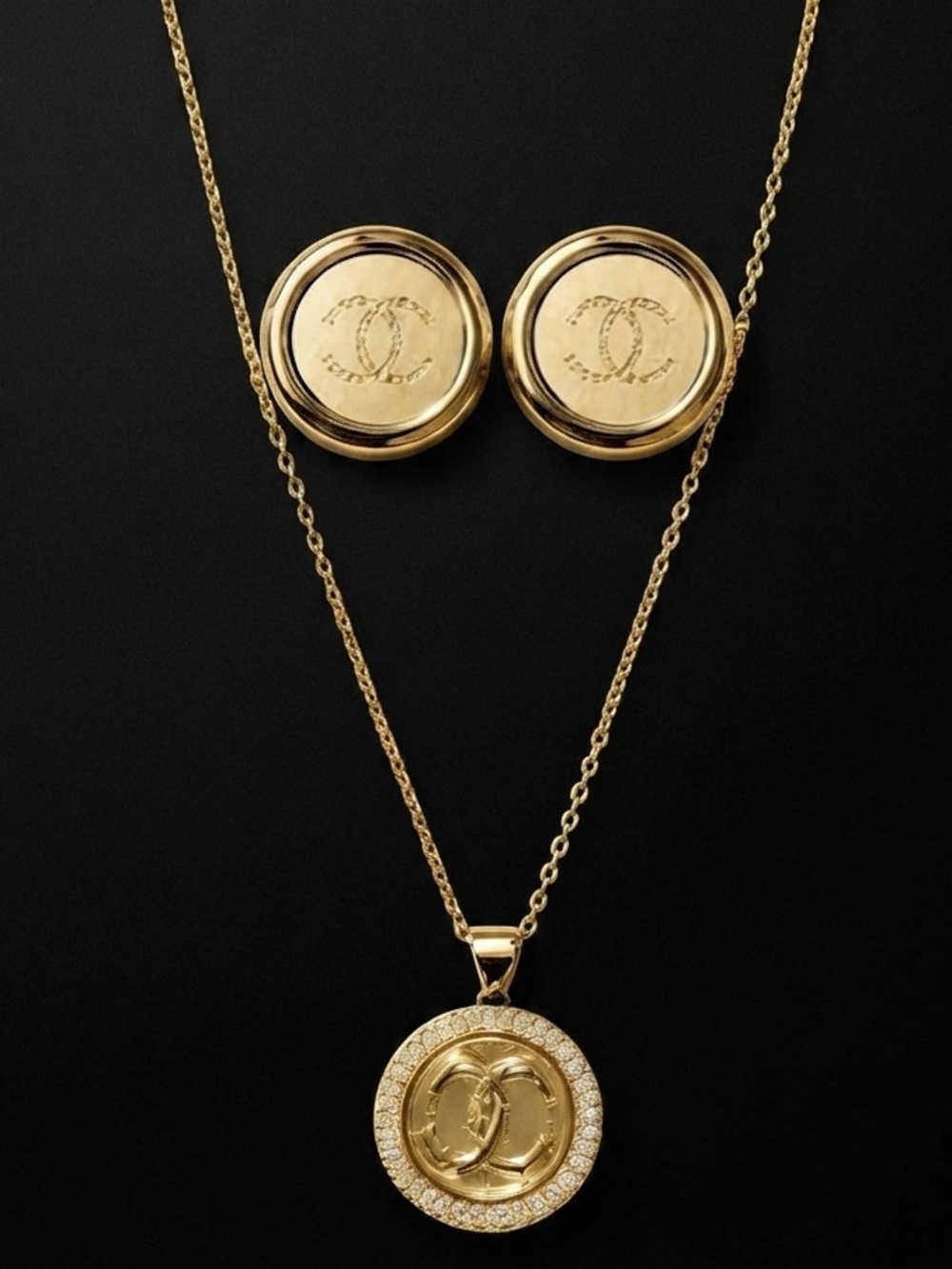 Gold-Tone Lettered C Medallion Necklace and Matching Earrings